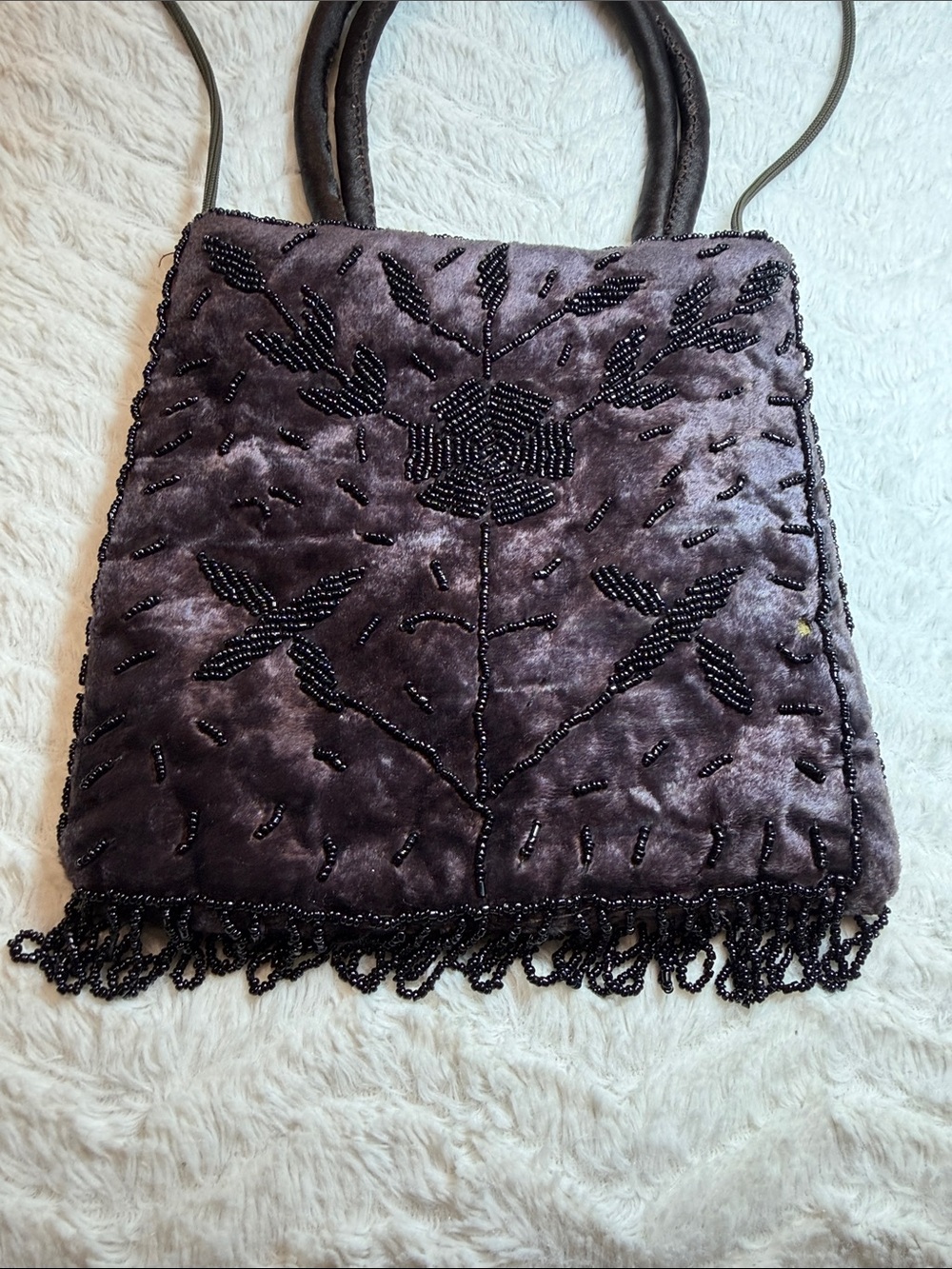 Vintage Deep Plum Velvet Beaded Flowers Crossbody and Handles Bag
